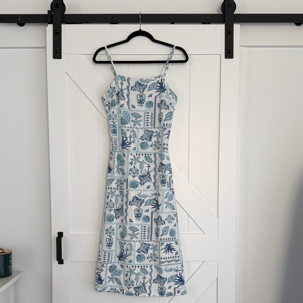 Japna Linen Blend Blue Vintage Ocean Print Maxi Dress